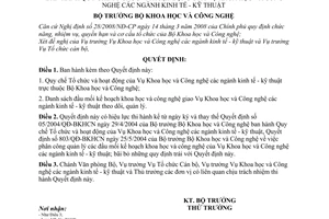 Quyết định 2835/QĐ-BKHCN  Quy chế Tổ chức hoạt động Vụ Khoa học Công nghệ các ngành kinh tế - kỹ thuật