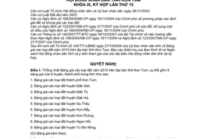Nghị quyết 19/2009/NQ-HĐND bảng giá các loại đất năm 2010 trên địa bàn tỉnh Kon Tum