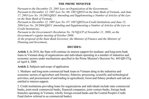 Decision No. 2072/QD-TTg of December 11, 2009, on interest support for medium-and long-term bank loans in Vietnam dong of organizations and individuals