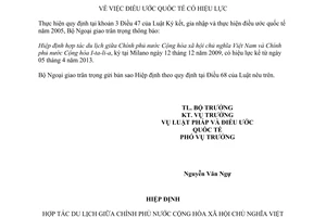 Thông báo 25/2013/TB-LPQT hiệu lực Hiệp định hợp tác du lịch Việt Nam I-ta-li-a