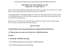 Nghị quyết 194/2009/NQ-HĐND dự toán ngân sách địa phương 2010 Hưng Yên