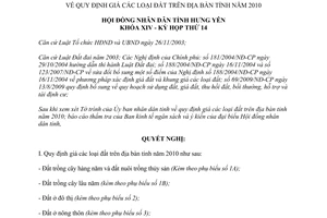 Nghị quyết 197/NQ-HĐND năm 2009 quy định giá đất Hưng Yên năm 2010