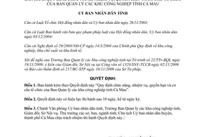 Quyết định 22/2009/QĐ-UBND chức năng Ban Quản lý các khu công nghiệp tỉnh Cà Mau