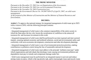 Decision No. 2149/QD-TTg,  approving the national strategy for integrated management of solid waste up to 2025, with a vision to 2