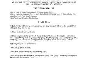 Quyết định 2151/QĐ-TTg  phê duyệt nhiệm vụ quy hoạch chung xây dựng Khu kinh tế Hòn La, tỉnh Quảng Bình đến năm 2020