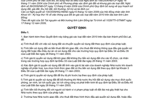 Quyết định 90/2009/QĐ-UBND  giá các loại đất năm 2010 trên địa bàn thành phố Đà Lạt, tỉnh Lâm Đồng