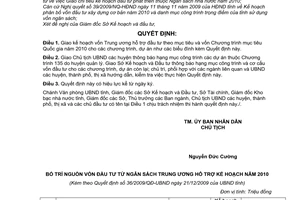 Quyết định 36/2009/QĐ-UBND giao kế hoạch vốn Trung ương hỗ trợ đầu tư theo mục tiêu vốn Chương trình mục tiêu Quốc gia năm 2010