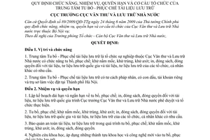 Quyết định 322/QĐ-VTLTNN chức năng, nhiệm vụ, quyền hạn cơ cấu tổ chức Trung tâm Tu bổ - Phục chế tài liệu lưu trữ