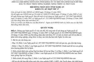 Nghị quyết 300/2009/NQ-HĐND sửa đổi Nghị quyết 207/2007/NQ-HĐND Nghị quyết 252/2008/NQ-HĐND chính sách hỗ trợ đầu tư phát triển nông nghiệp, nông thôn
