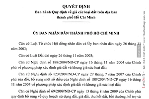 Quyết định 102/2009/QĐ-UBND giá các loại đất trên địa bàn thành phố Hồ Chí Minh