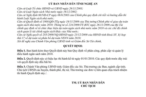 Quyết định 116/2009/QĐ-UBND phân công, phân cấp quản lý điều hành ngân sách năm 2010