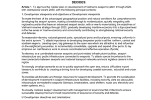 Decision No. 2190/QD-TTg, approving the master plan on development of Vietnam's seaport system through 2020, with orientations to