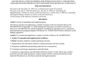 Decree No. 115/2009/ND-CP of December 24, 2009, amending and supplementing a number of articles of the Government's Decree no. 48/2000/ ND-CP detailing the petroleum law and the regulation on bidding for petroleum survey, exploration and exploitation promulgated together with decree no. 34/2001/ND-CP