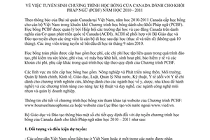 Thông báo 868/TB-BGDĐT tuyển sinh Chương trình học bổng  Canada dành cho khối Pháp ngữ (PCBF) năm học 2010 - 2011