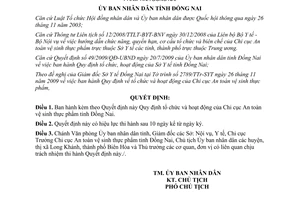 Quyết định 90/2009/QĐ-UBND tổ chức hoạt động Chi cục An toàn vệ sinh thực phẩm Đồng Nai