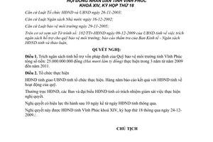 Nghị quyết 25/2009/NQ-HĐND trích ngân sách tỉnh hỗ trợ Quỹ bảo vệ môi trường