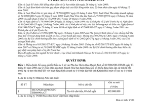 Quyết định 103/2009/QĐ-UBND điều chỉnh bảng giá tối thiểu dùng làm căn cứ tính lệ phí trước bạ truy thu thuế  hoạt động kinh doanh xe ô tô