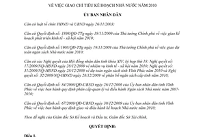 Quyết định 68/2009/QĐ-UBND giao chỉ tiêu kế hoạch Nhà nước 2010 Vĩnh Phúc