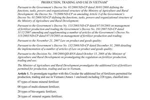 Circular No. 85/2009/TT-BNN list of fertilizers permitted for production trading