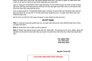 Quyết định 28/2009/QĐ-UBND công khai quyết toán NSNN Bạc Liêu 2008