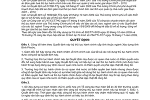 Quyết định 72/2009/QĐ-UBND công bố bộ thủ tục hành chính cấp tỉnh