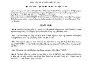 Quyết định 440/2009/QĐ/A18-P1 biểu mẫu tờ khai