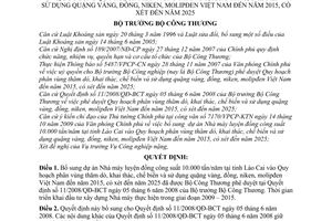 Quyết định 6074/QĐ-BCT bổ sung quy hoạch phân vùng thăm dò, khai thác, chế biến sử dụng quặng vàng, đồng, niken, molipđen Việt Nam đến năm 2015