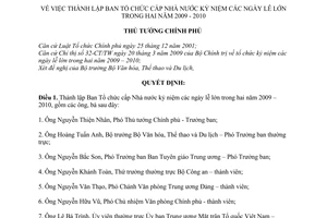 Quyết định 2020/QĐ-TTg thành lập Ban Tổ chức cấp Nhà nước kỷ niệm các ngày lễ lớn trong hai năm 2009 - 2010