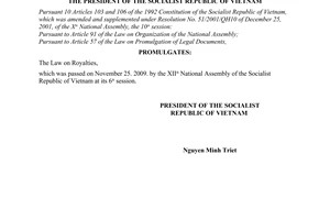 Order No. 22/2009/L-CTN, on the promulgation of Law on Royalties