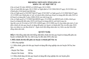 Nghị quyết 123/2009/NQ-HĐND điều chỉnh chỉ tiêu quy hoạch sử dụng đất giữa các huyện  thành phố Tân An đến năm 2010
