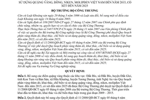 Quyết định 6170/QĐ-BCT bổ sung quy hoạch phân vùng thăm dò, khai thác, chế biến và sử dụng quặng vàng, đồng, niken, molipđen Việt Nam đến năm 2015