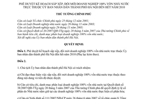 Quyết định 2065/QĐ-TTg phê duyệt kế hoạch sắp xếp, đổi mới doanh nghiệp 100% vốn nhà nước thành phố Hà Nội đến hết năm 2010