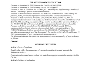 Circular No. 39/2009/TT-BXD  guiding the management of construction quality of separate houses
