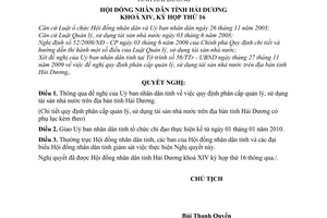 Nghị quyết 132/2009/NQ-HĐND  phân cấp quản lý, sử dụng tài sản nhà nước trên địa bàn tỉnh Hải Dương