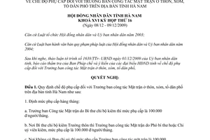 Nghị quyết 13/2009/NQ-HĐND chế độ phụ cấp Trưởng ban công tác Mặt trận Hà Nam