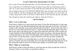 Quyết định 70/2009/QĐ-UBND chức năng nhiệm vụ quyền hạn cơ cấu Sở Kế hoạch và Đầu tư Cần Thơ