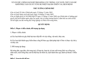 Quyết định 142/2009/QĐ-TTg  cơ chế, chính sách hỗ trợ giống cây trồng, vật nuôi, thủy sản khôi phục sản xuất vùng bị thiệt hại thiên tai, dịch bệnh