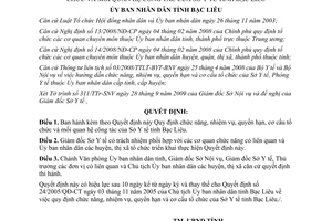 Quyết định 33/2009/QĐ-UBND chức năng nhiệm vụ quyền hạn cơ cấu Sở Y tế Bạc Liêu