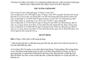 Quyết định 140/2009/QĐ-TTg  bảo lưu phụ cấp chức vụ lãnh đạo các chức danh lãnh đạo trong quá trình sắp xếp, kiện toàn tổ chức bộ máy