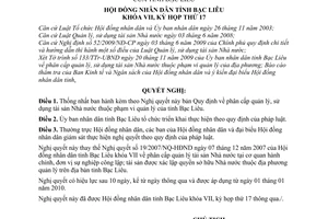 Nghị quyết 17/2009/NQ-HĐND phân cấp quản lý, sử dụng tài sản nhà nước phạm vi quản lý tỉnh Bạc Liêu