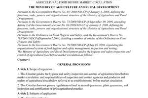 Circular No. 05/2010/TT-BNNPTNT, guiding the hygiene and safety inspection and control of agricultural food before market circulat
