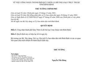 Quyết định 159/QĐ-TTg công nhận thành phố Quy Nhơn là đô thị loại I trực thuộc tỉnh Bình Định