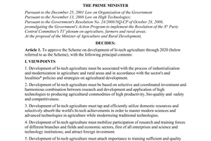 Decision No. 176/QD-TTg, approving the scheme on development of hi-tech agriculture through 2020