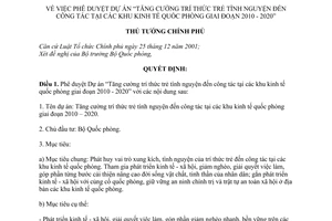 Quyết định 174/QĐ-TTg phê duyệt Dự án Tăng cường trí thức trẻ tình nguyện đến công tác tại các khu kinh tế quốc phòng giai đoạn 2010 - 2020