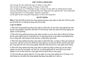 Quyết định 176/QĐ-TTg phê duyệt Đề án phát triển nông nghiệp ứng dụng công nghệ cao đến năm 2020