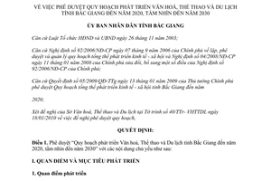 Quyết định 11/QĐ-UBND năm 2010 phát triển Văn hóa Thể thao Du lịch Bắc Giang đến 2020