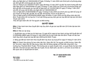 Quyết định 01/2010/QĐ-UBND  giá các loại đất tại tỉnh Bình Thuận