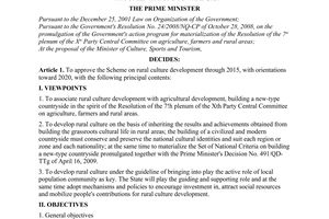 Decision No. 22/QD-TTg of January 05, 2010, approving the scheme on rural culture development through 2015, with orientations toward 2020