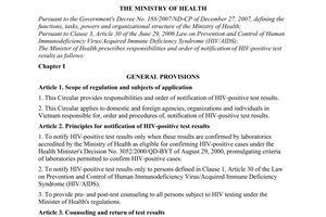 Circular No. 01/2010/TT-BYT of January 06, 2010, providing responsibilities and order of notification of HIV-positive test results