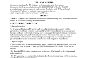 Decision No. 23/QD-TTg,  approving the scheme on rural trade development during 2010-2015 and orientations toward 2020